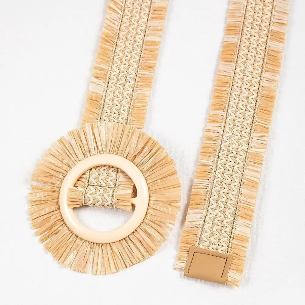 Woven Raffia Straw Belt with Circular Buckle and Fringe Detailing for stylish wear