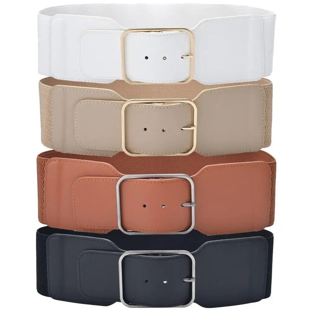 Stacked Wide Elastic Belts showcasing Clara Belt Wide Elastic Waist Belt with Gold Buckle in Beige