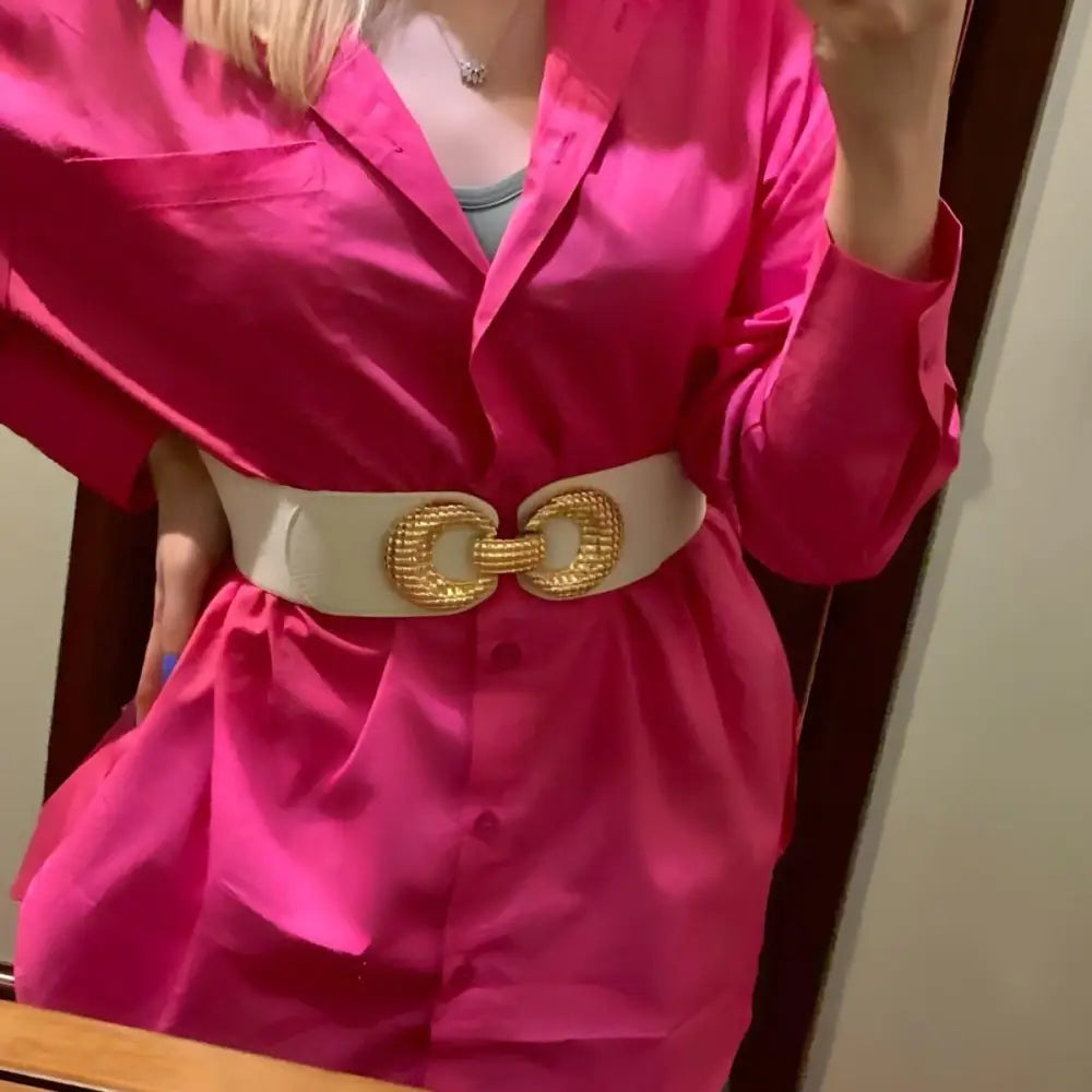 Pink Shirt Dress with Cream Belt and Gold Buckle displayed on a mannequin