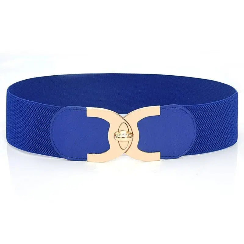 Blue elastic waist belt with a gold decorative buckle from Assorted Elastic Waist Belts collection
