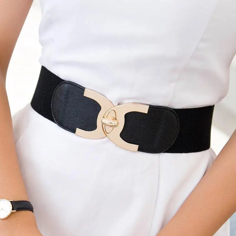 Black elastic belt with a gold decorative buckle from Assorted Elastic Waist Belts collection