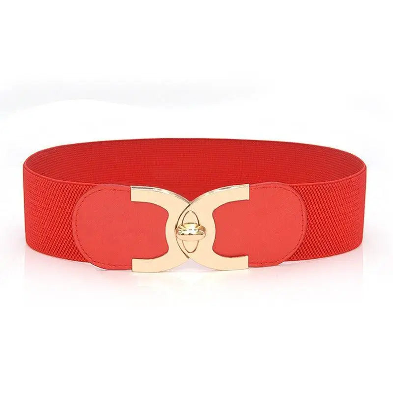 Red elastic waist belt with gold buckle from Assorted Elastic Waist Belts with Decorative Buckles