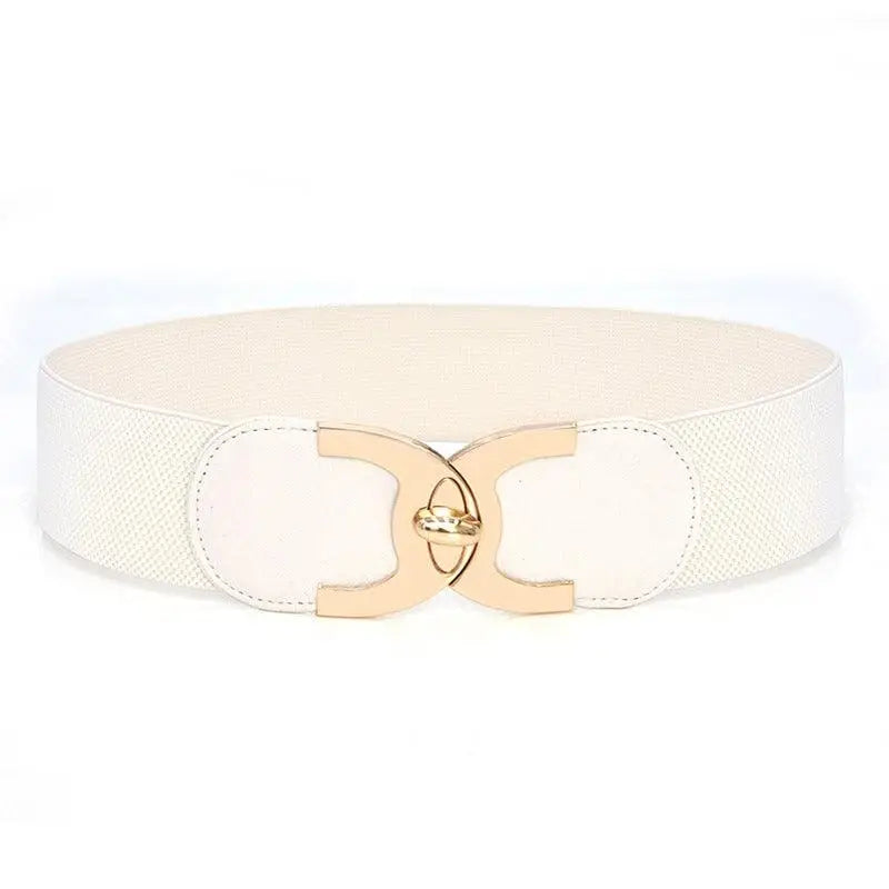 Wide white elastic belt with gold buckle from Assorted Elastic Waist Belts collection