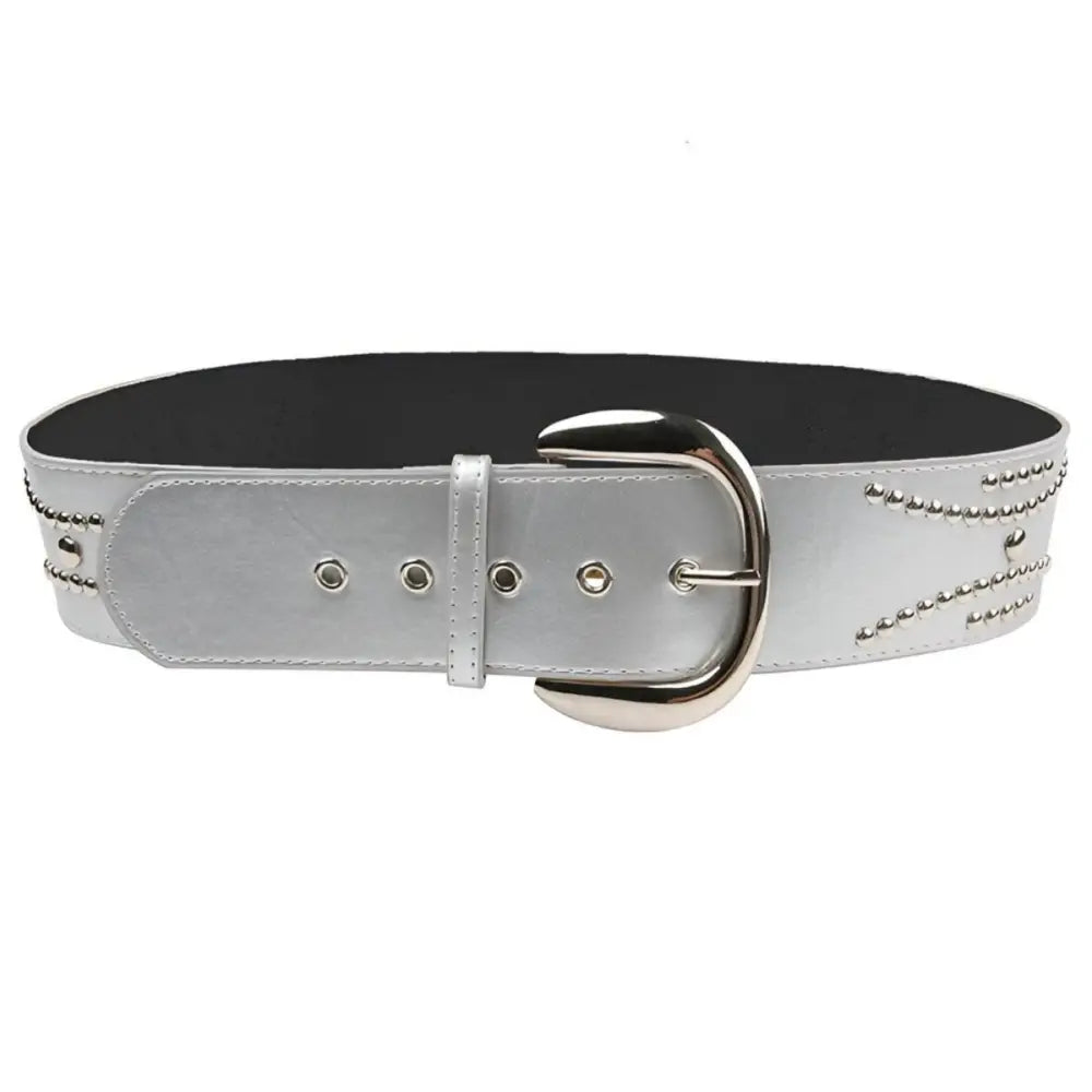 Silver studded wide belt accessory worn with Women’s Low-Rise Jeans and Camo Cargo Pants