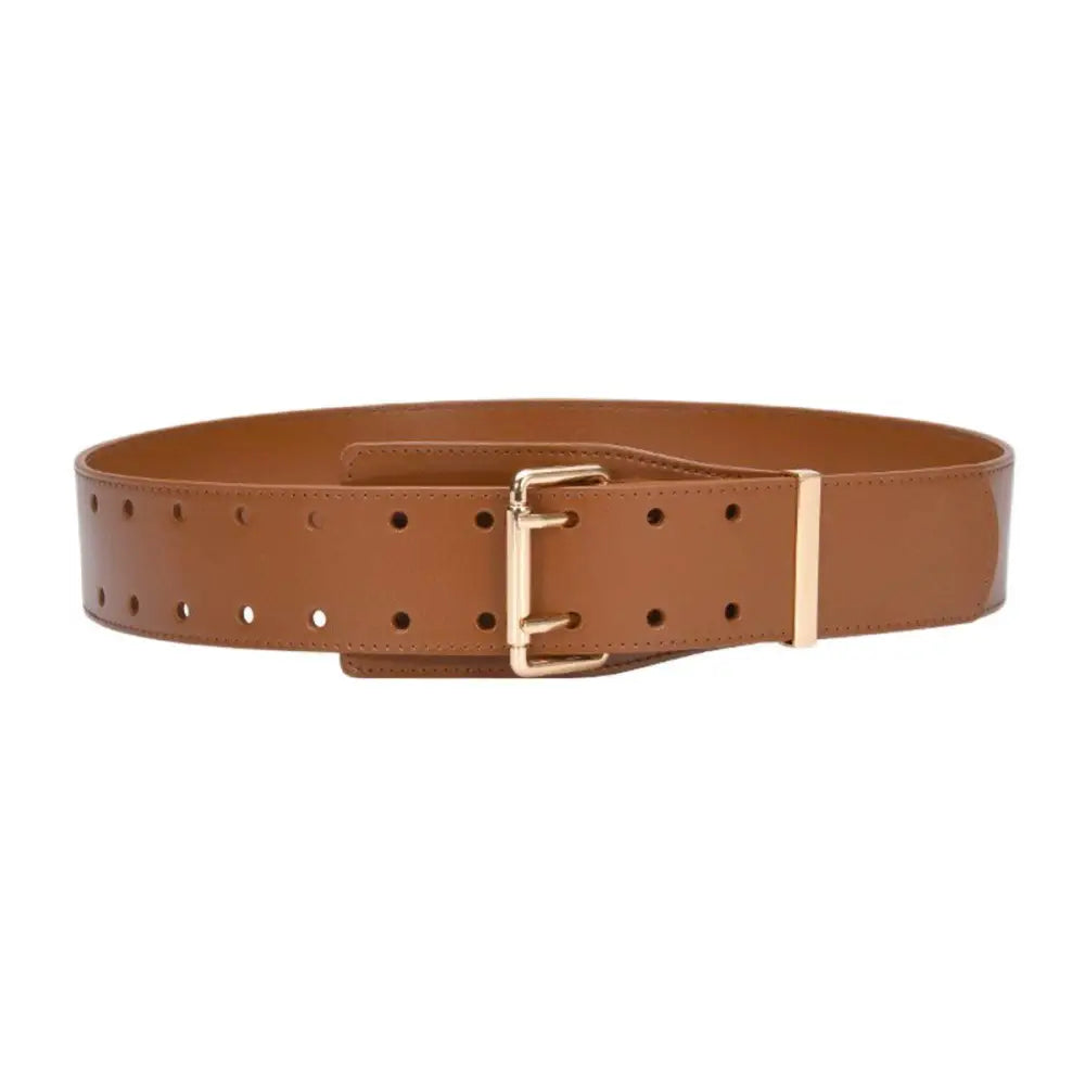 Brown double-hole belt with a gold buckle featured with a Beige Turtleneck Sweater and Bag