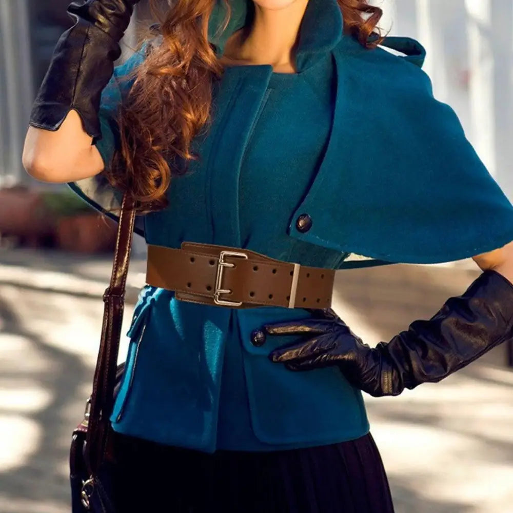 Brown leather belt with silver buckle paired with Beige Turtleneck Sweater and accessories