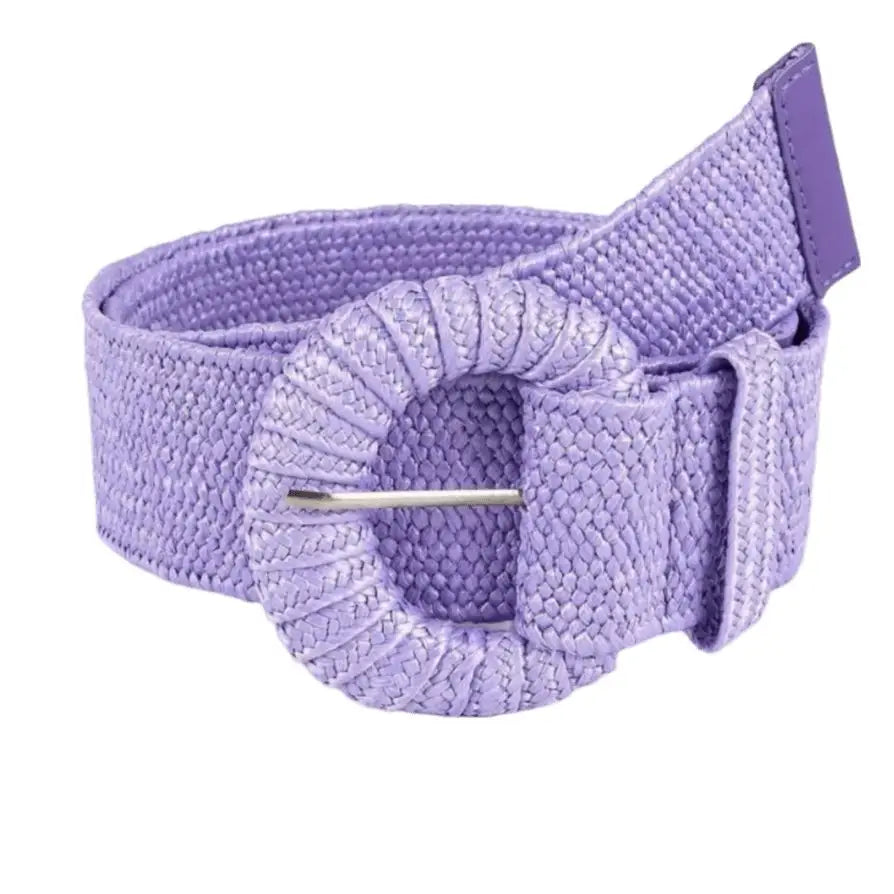 Woven lavender straw belt with round buckle from Woven Straw Belts with Oval or Square Buckles