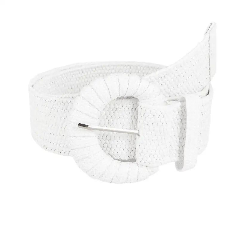 White woven straw belt with round buckle featured in Woven Straw Belts with Oval or Square Buckles
