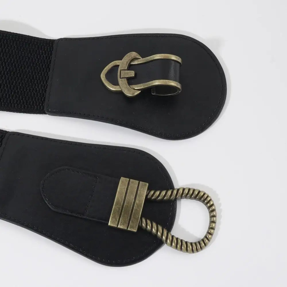 Black elastic belt with antique gold-tone buckles from Brown and Black Elastic and Leather Waist Belts line