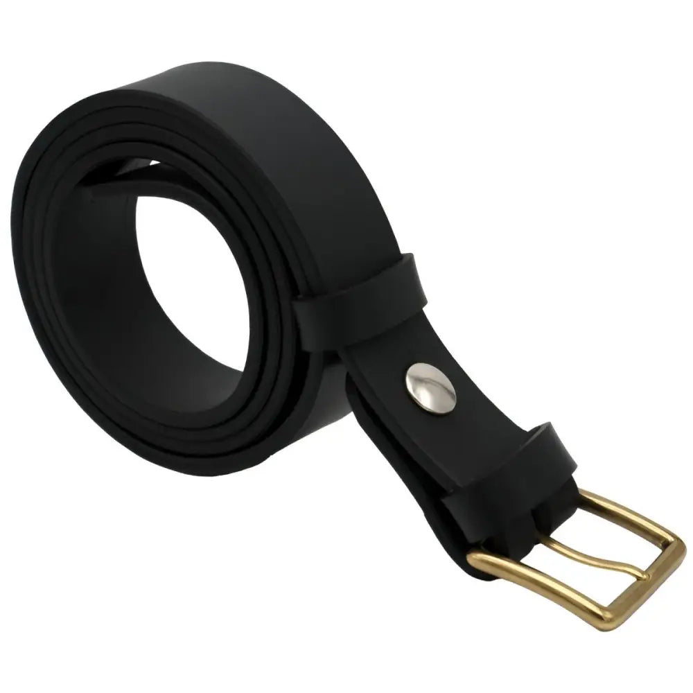 Black full-grain leather belt with brass buckle showcasing enduring style and quality