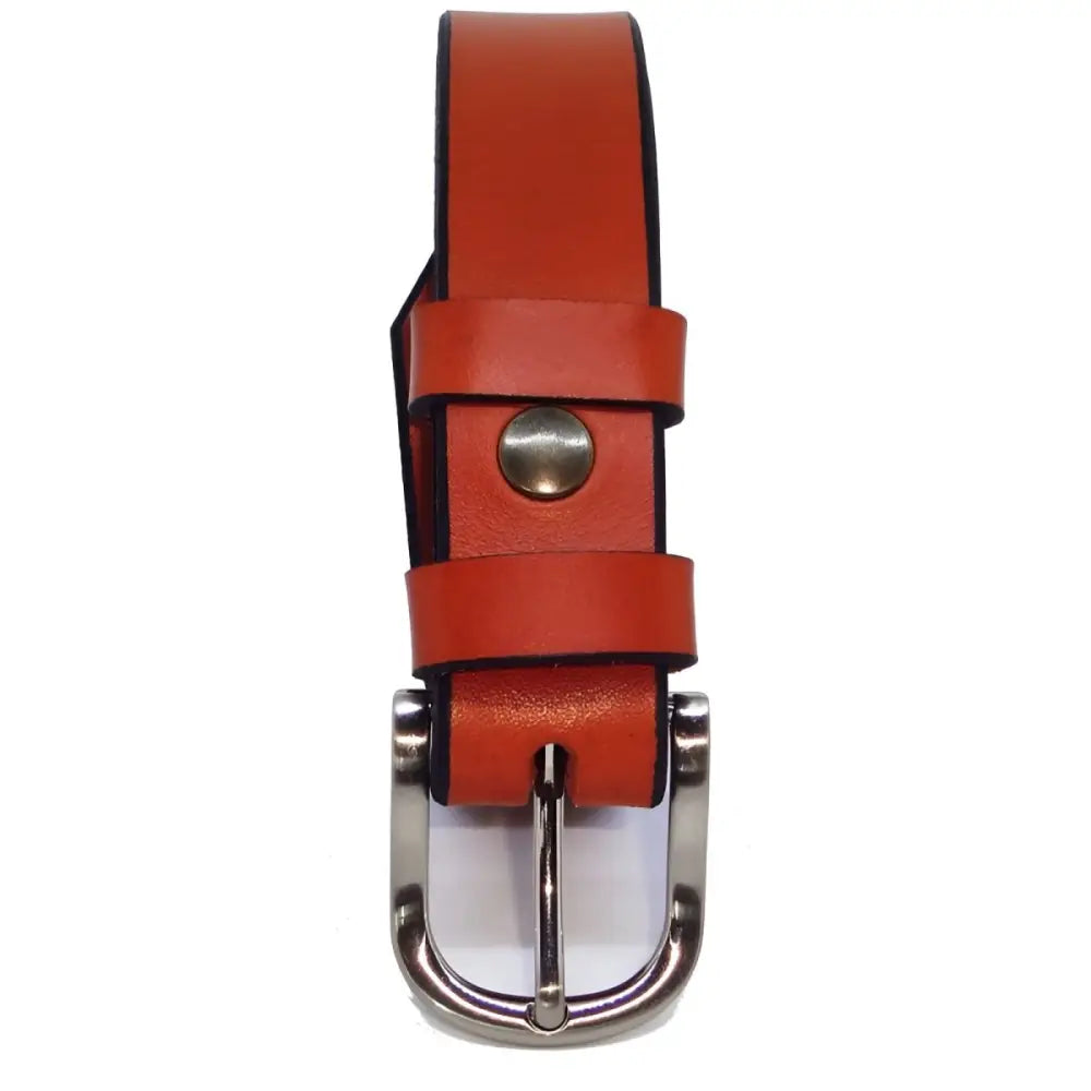 Orange full-grain leather belt with silver buckle for stylish accessory enhancement