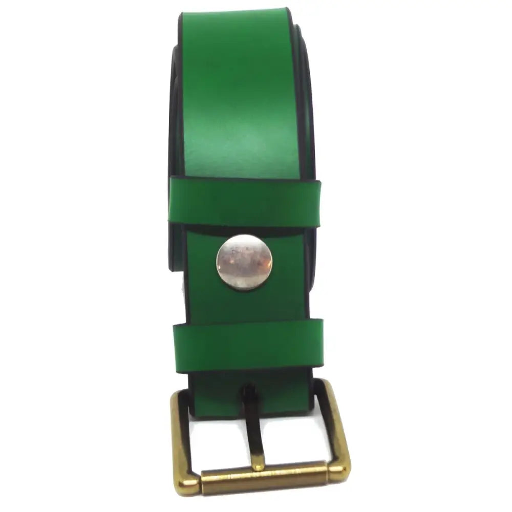 Green full-grain leather belt with brass buckle showcasing enduring style and craftsmanship