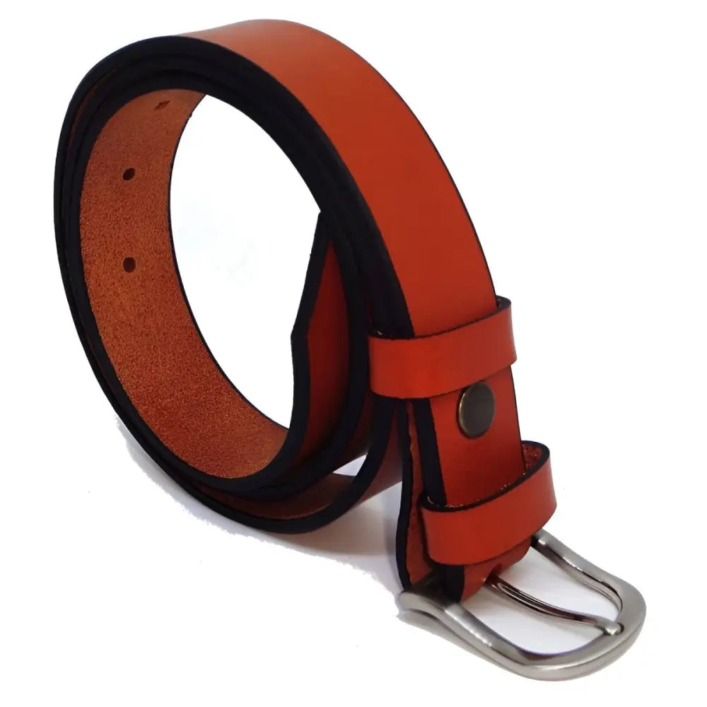 Orange full-grain leather belt with silver buckle for stylish men’s accessories