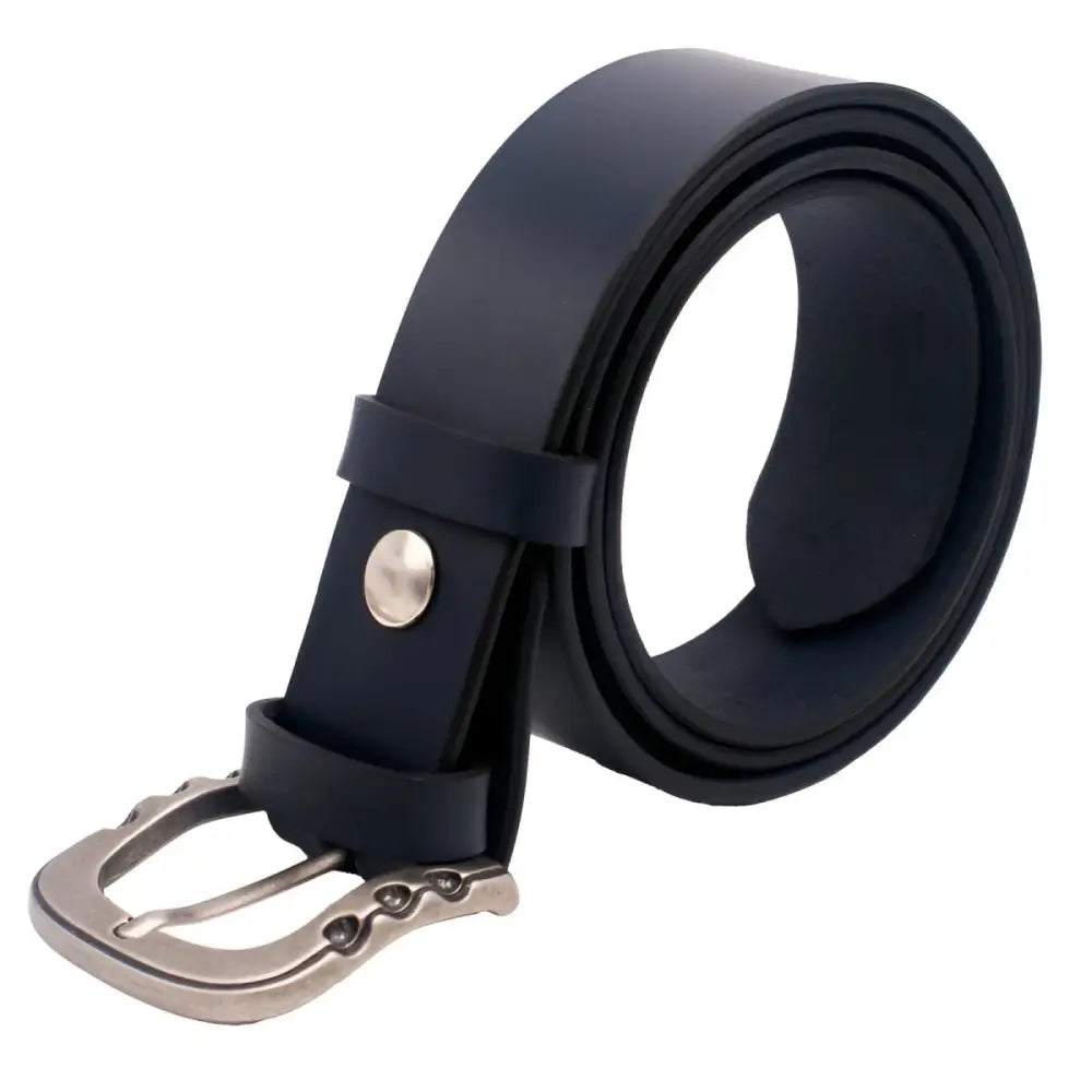 Navy blue Théo Leather Belt with silver buckle, stylish leather belt for men and women