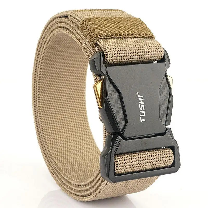 Tan-colored Aki Elastic Tactical military belt with black buckle for outdoor and tactical use