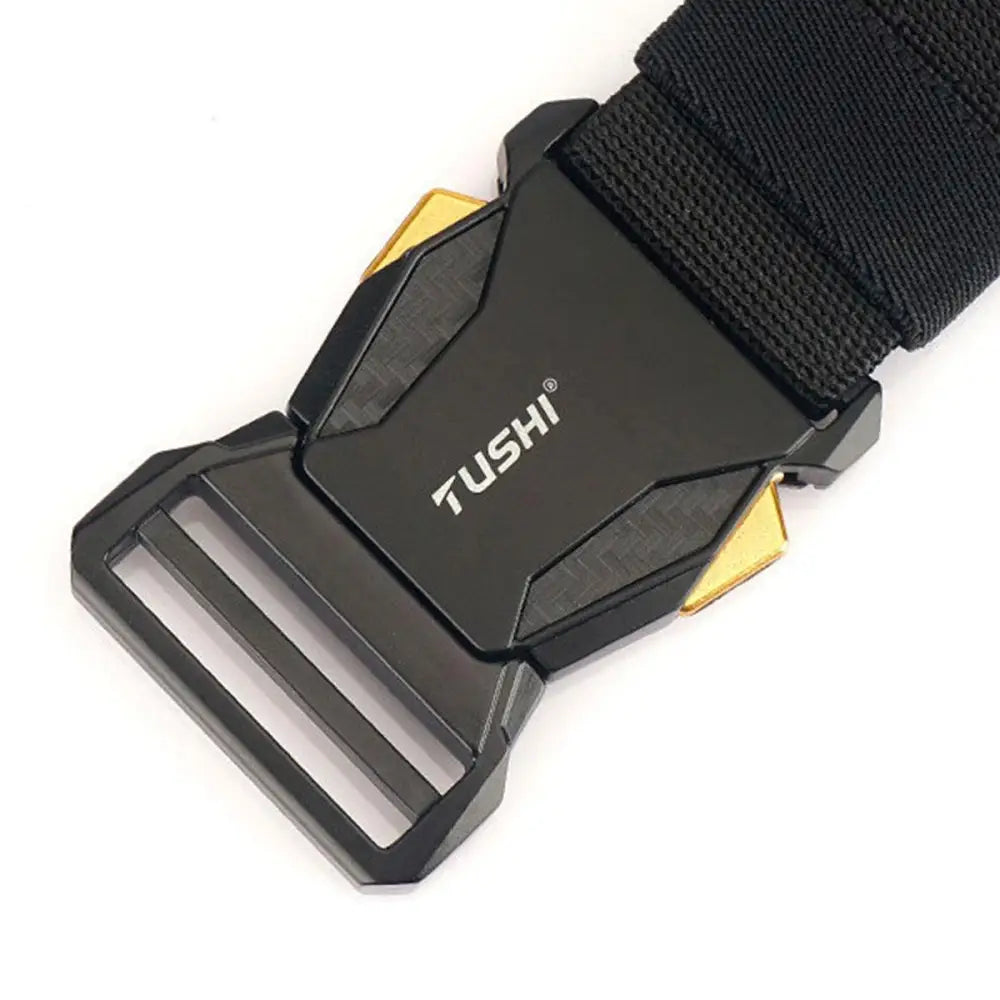 Black metal belt buckle on Aki Elastic Tactical Military Belts Set for outdoor use