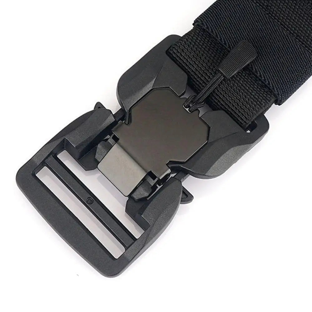 Black tactical belt buckle on Elastic Tactical Military Belt in Olive Green with magnetic design