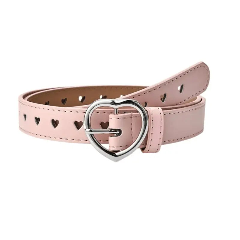 Pink love model leather belt with heart-shaped buckle and cutouts as listed in product name