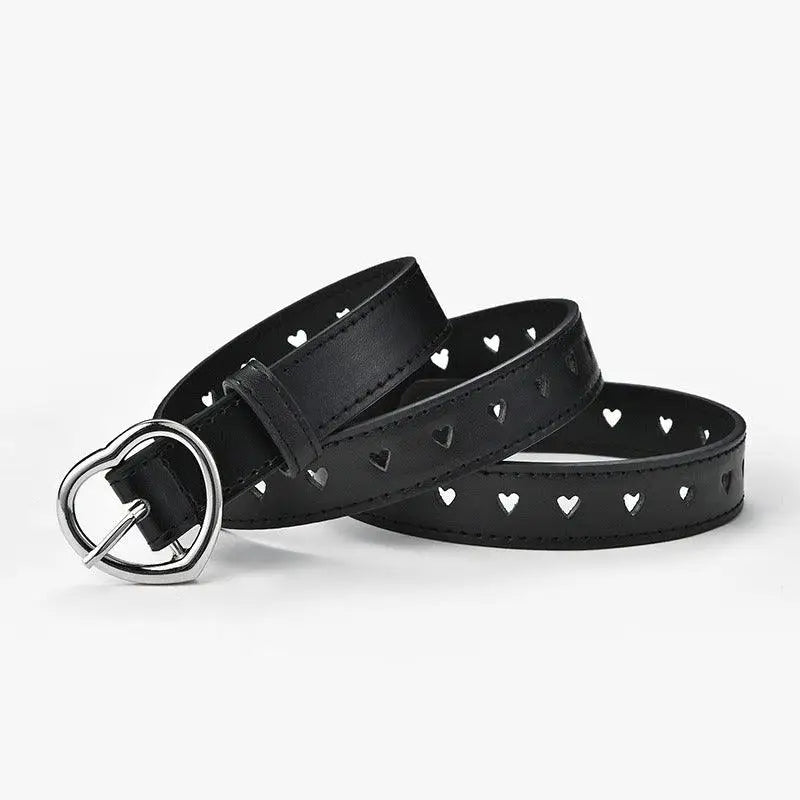 Love Model Black Leather Belt with Heart Cutouts and Heart-Shaped Buckle for Women