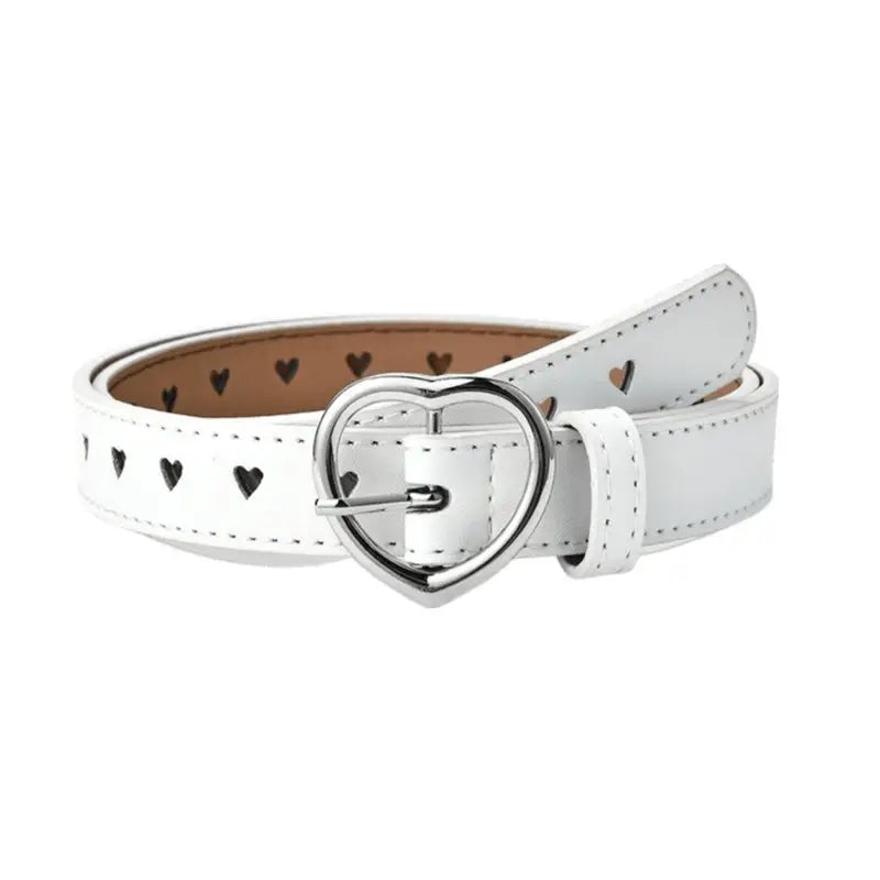 White love model leather belt with heart-shaped buckle and cutouts for stylish wear