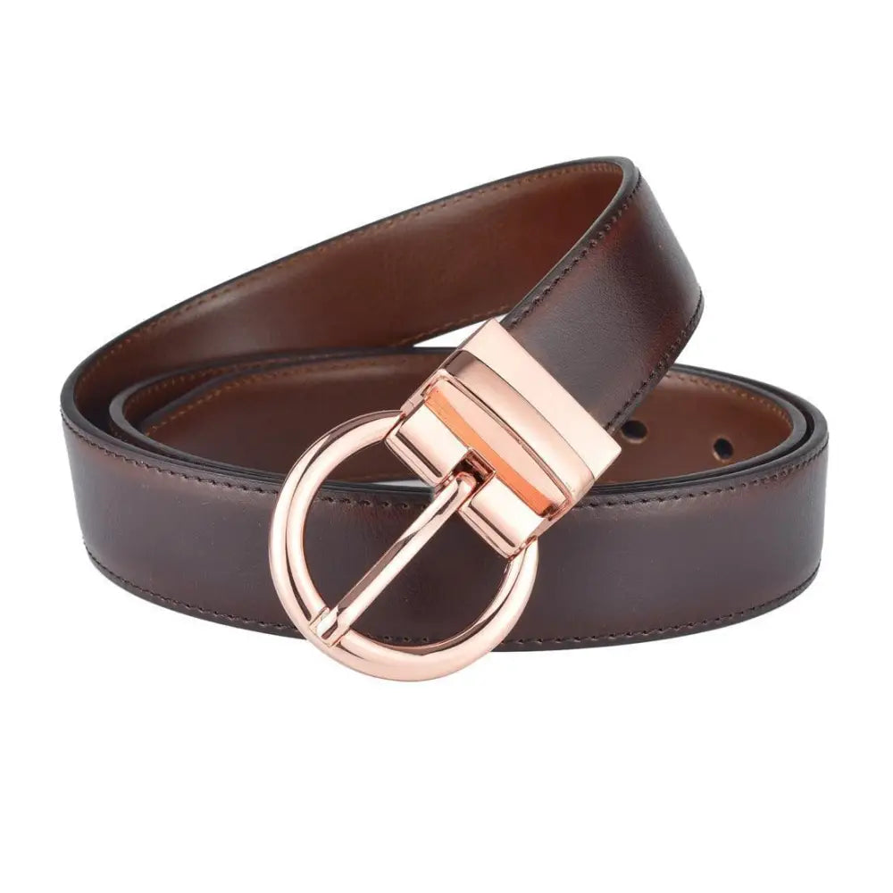 Brown leather belt with rose gold buckle accessory for Women’s Casual Outfit with Ribbed Turtleneck and Corduroy Pants