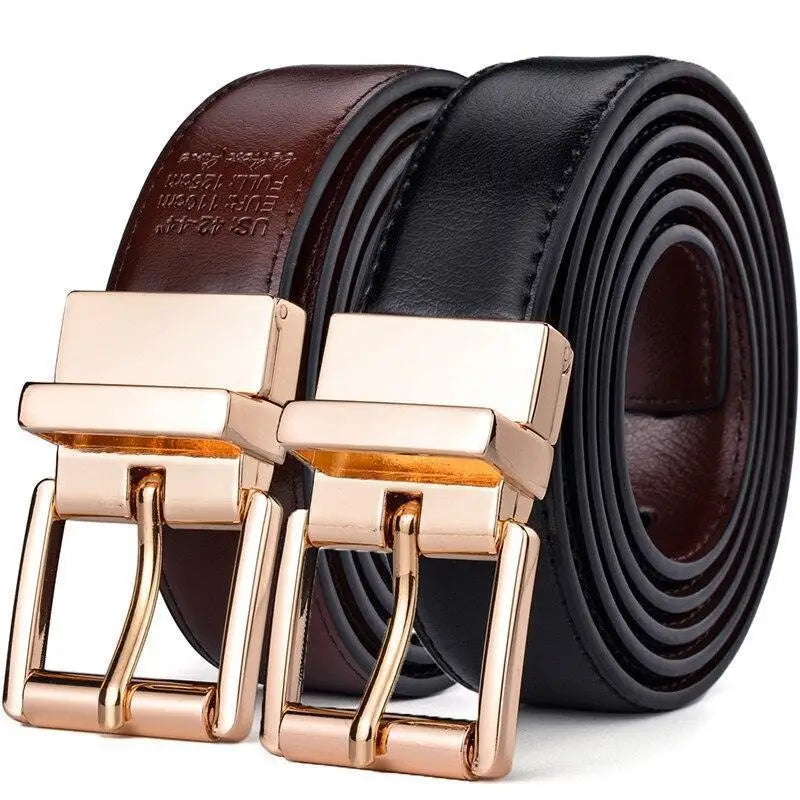 Camille Belt in Brown Leather with Gold Buckle showcasing two reversible belts with gold buckles