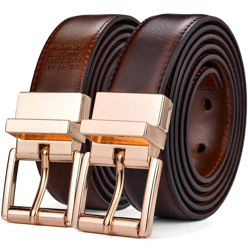 Camille Belt in Brown Leather with Gold Buckle showing two matching leather belts