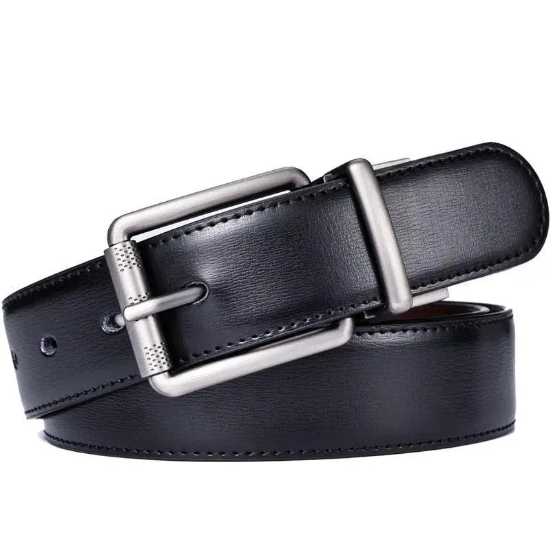 Genuine leather reversible belt with silver buckle for men’s fashion accessory
