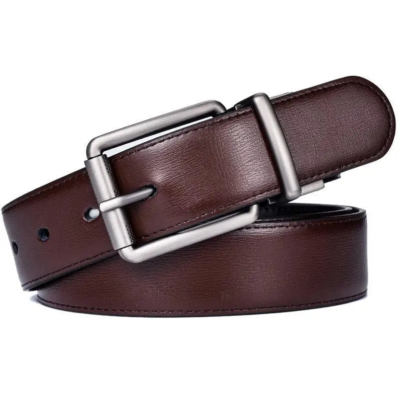 Genuine leather brown belt with silver buckle for reversible style and durability