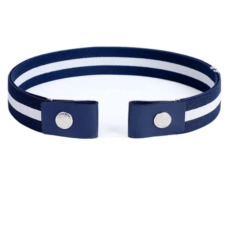 Navy and white striped elastic belt displayed with jeans and yellow buckle belt
