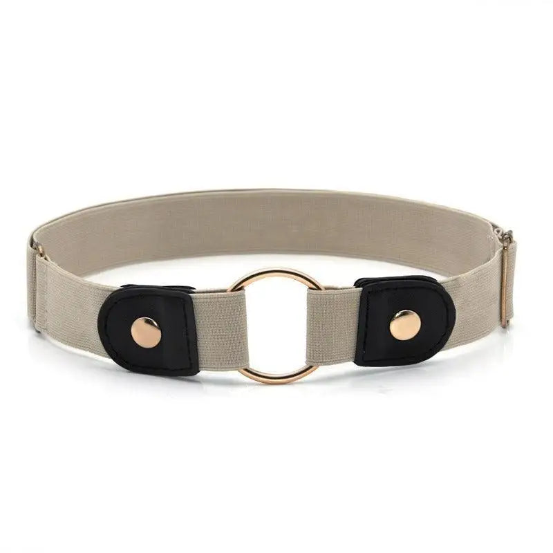 Beige elastic belt with gold ring buckle from Floral Dress with Elastic Beige Belt and Gold Ring Buckle