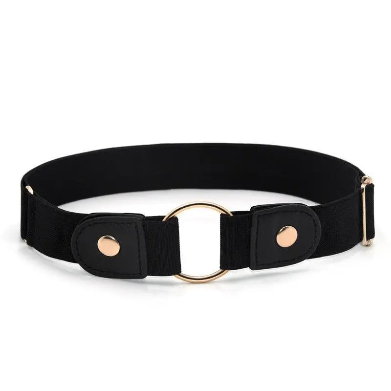 Black elastic belt with gold ring buckle on Floral Dress with Elastic Beige Belt and Gold Ring Buckle