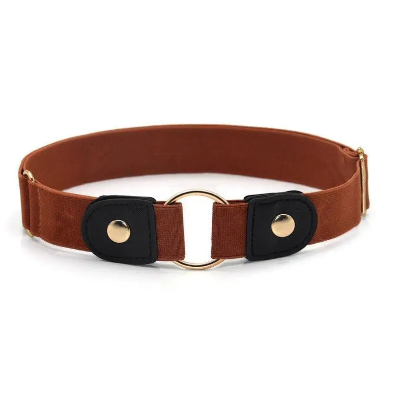 Brown elastic belt with gold ring buckle and black button details for Floral Dress