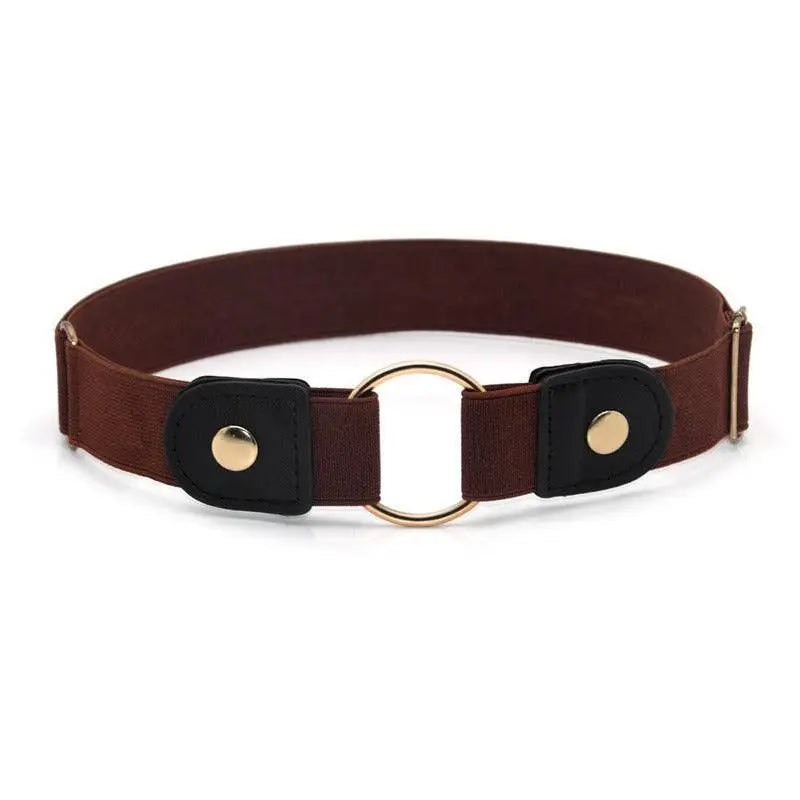 Brown elastic belt with gold accents and gold ring buckle for Floral Dress