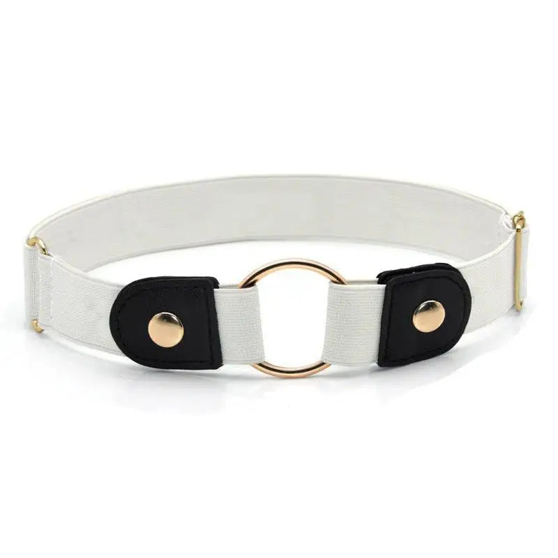 White elastic belt with gold ring buckle shown with Floral Dress and beige belt