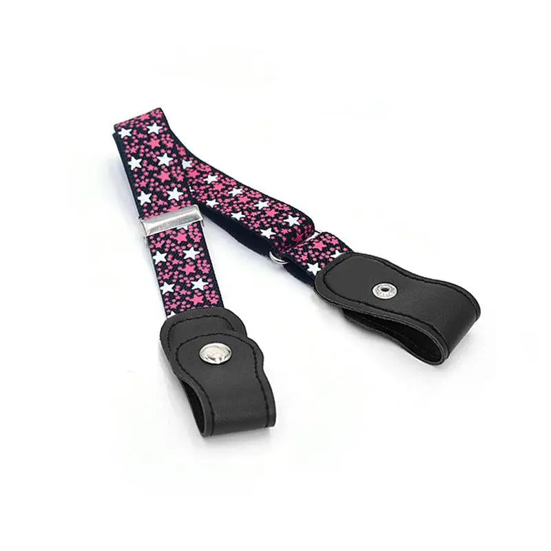 Pink star patterned elastic belt with black leather loops for stylish waistwear
