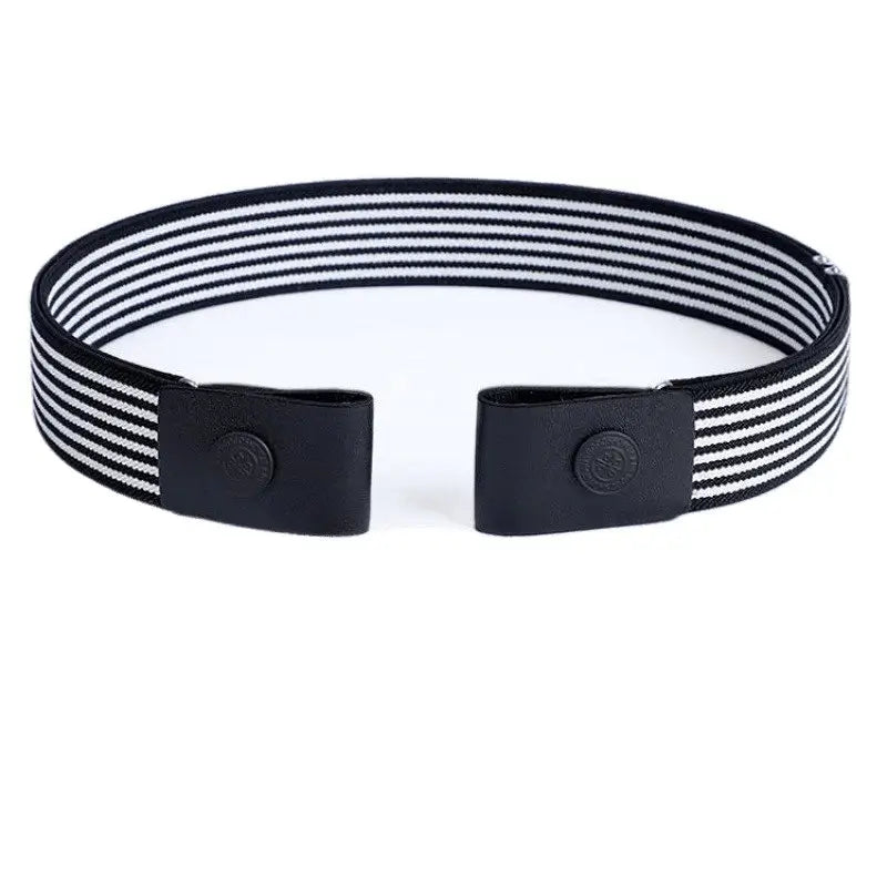 Black and white striped elastic belt with snap closures and yellow tabs