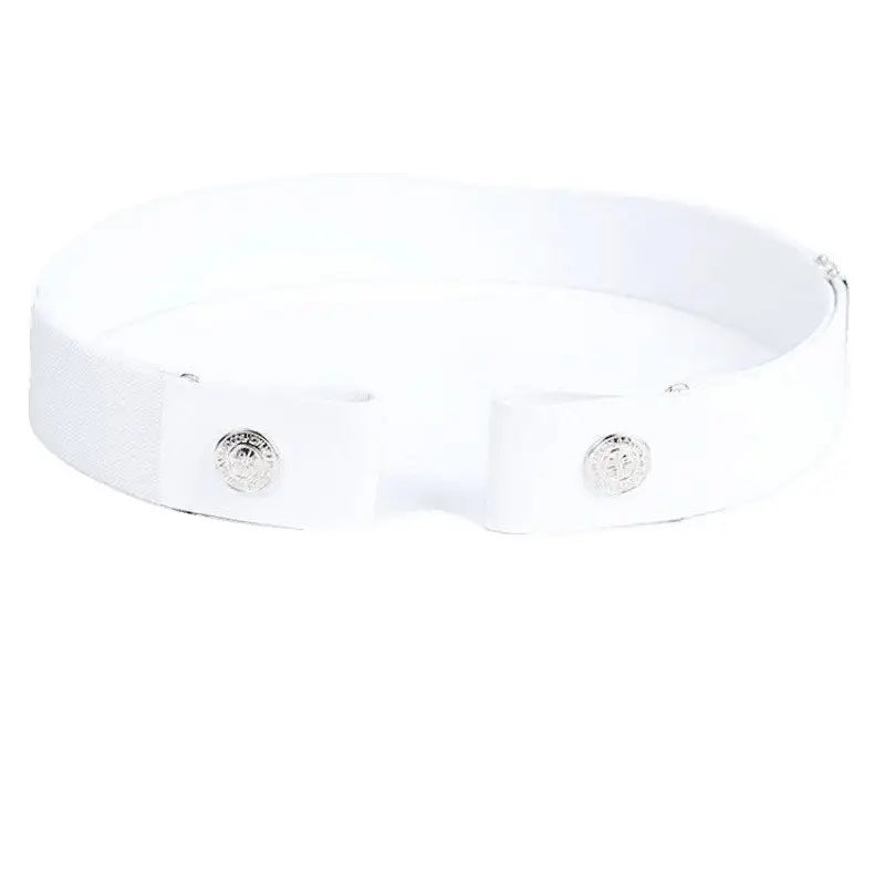 White bracelet with silver accents from Assorted Elastic and Leather Belts with Metal Fastenings