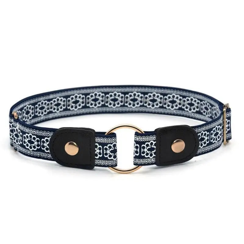 Navy and white patterned belt with gold accents for Floral Dress with Black Belt and Gold Ring Detail