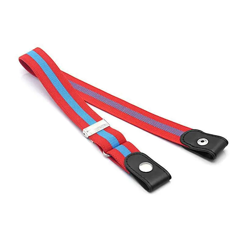 Red and blue striped mareta elastic belt with black leather ends from Mareta Elastic Belt Collection