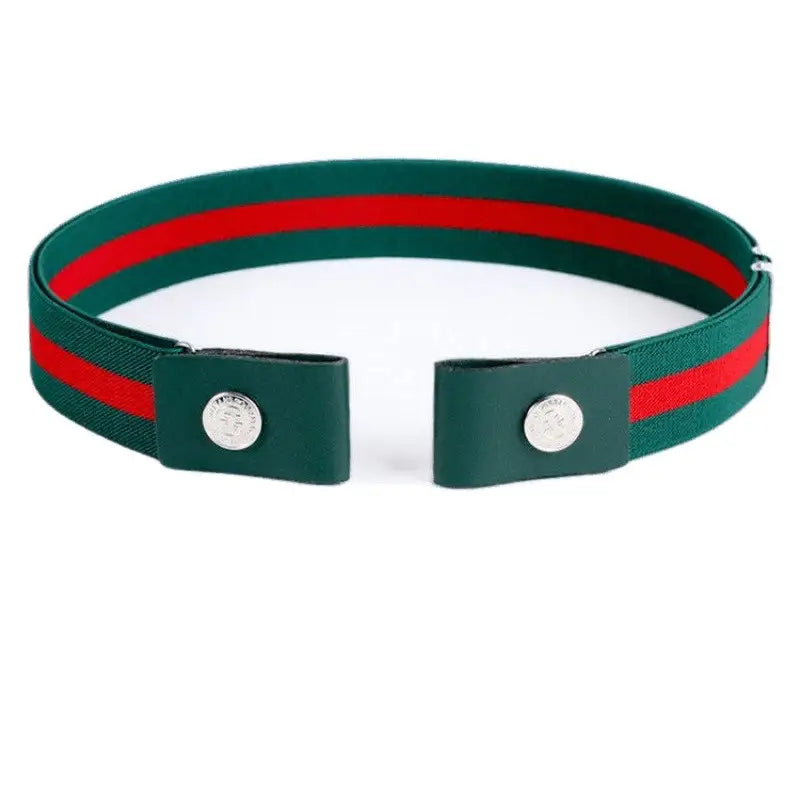 Green and red striped elastic belt with yellow fasteners and leather ends