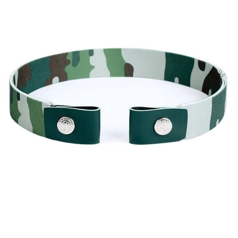 Camouflage pattern elastic belt with snap closures, yellow fasteners, and leather ends
