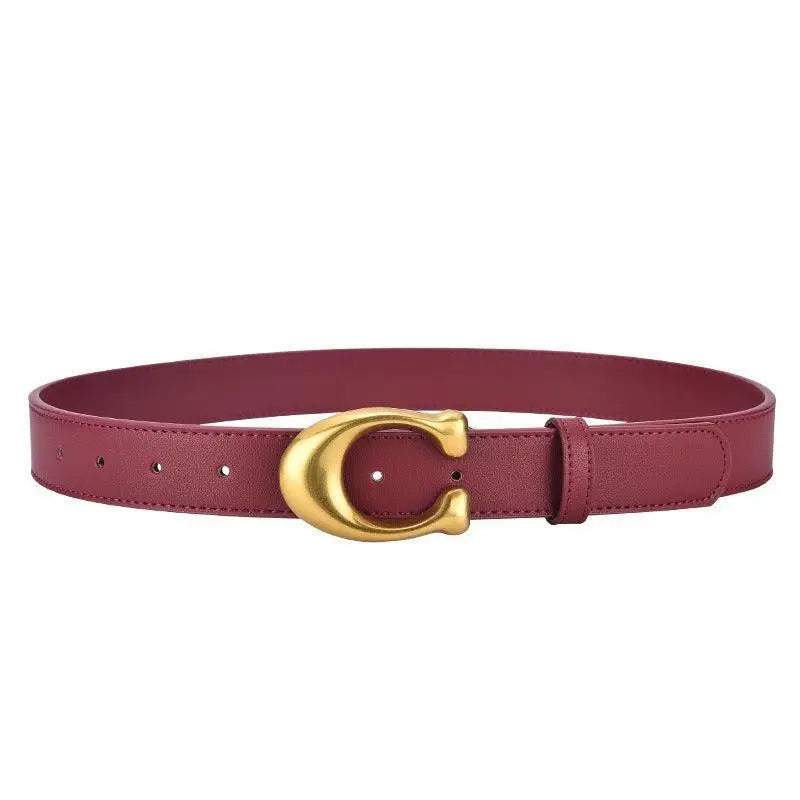 Burgundy faux leather belt with gold C-shaped buckle, part of Irine Faux Leather collection