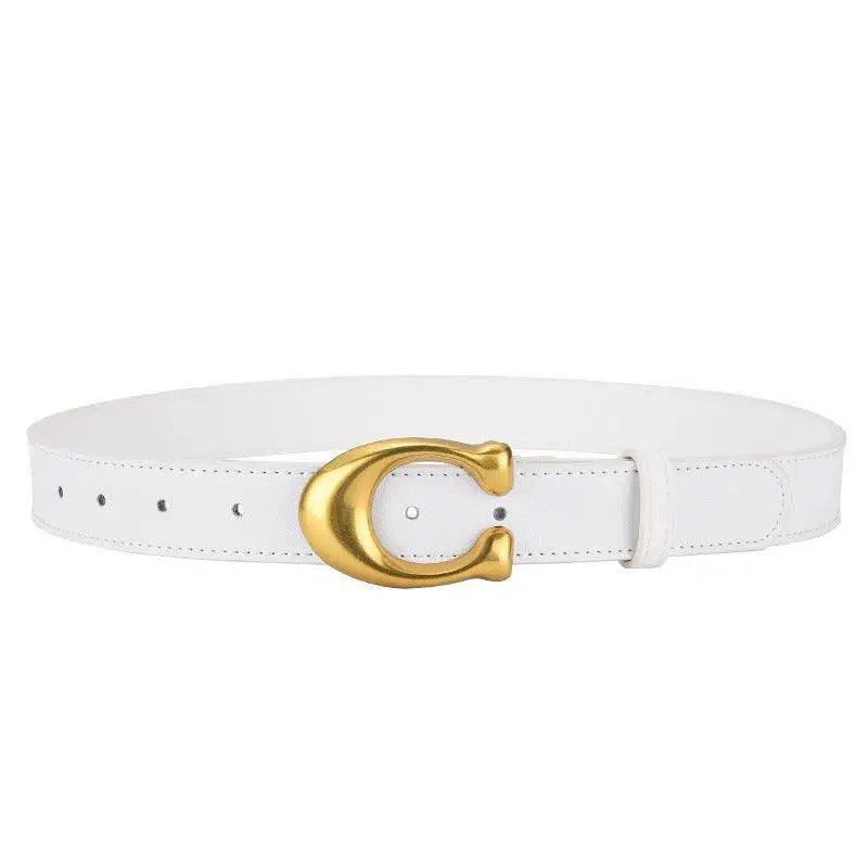 White faux leather belt with gold C-shaped buckle for stylish outfits