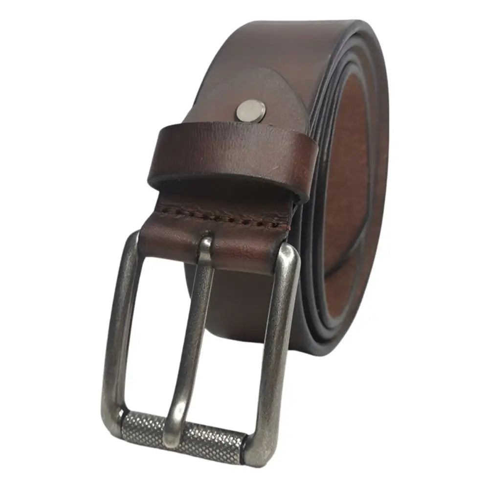 Full-grain leather belt in brown with metal buckle for durable style