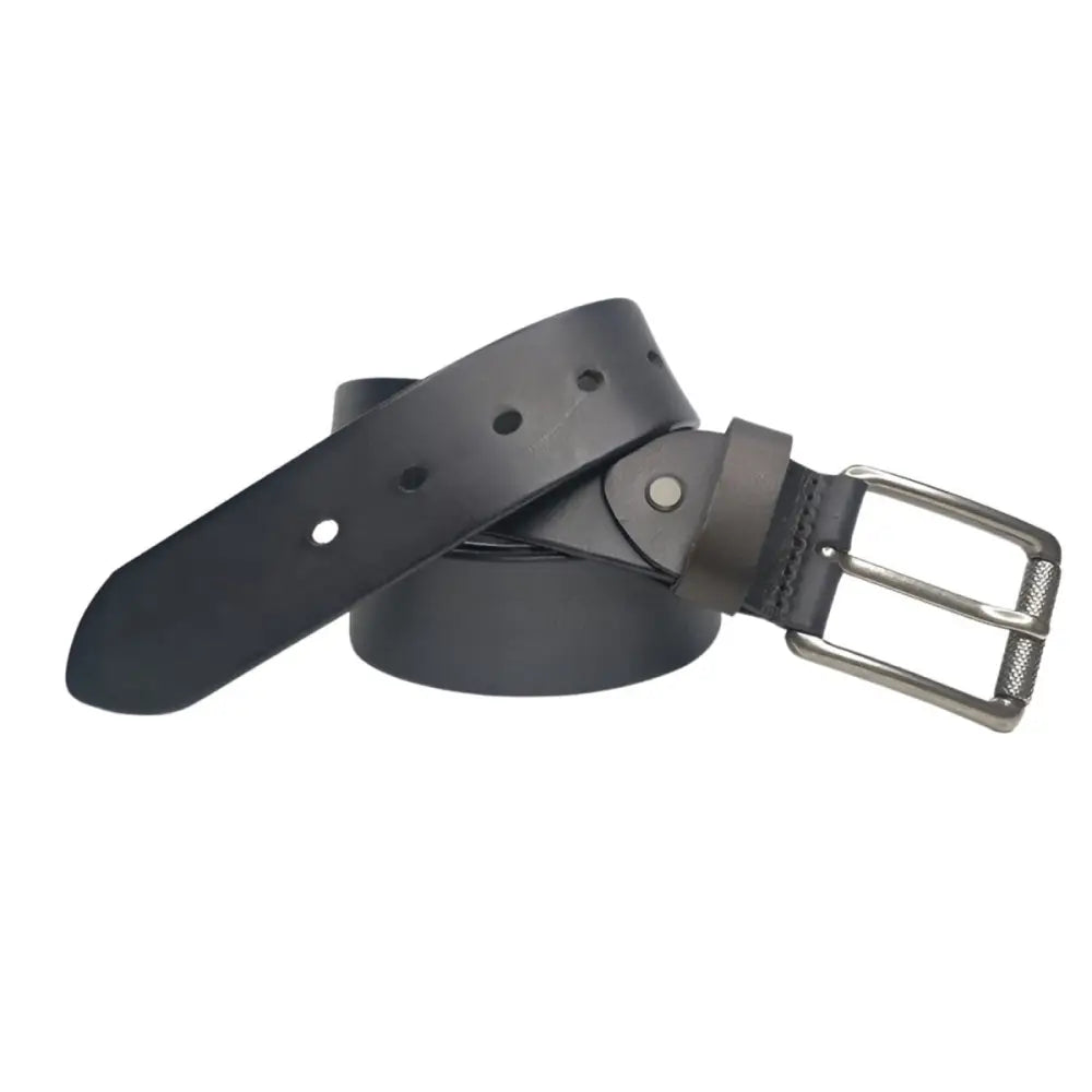 Full-grain leather belt in black with silver buckle for durable men’s accessories