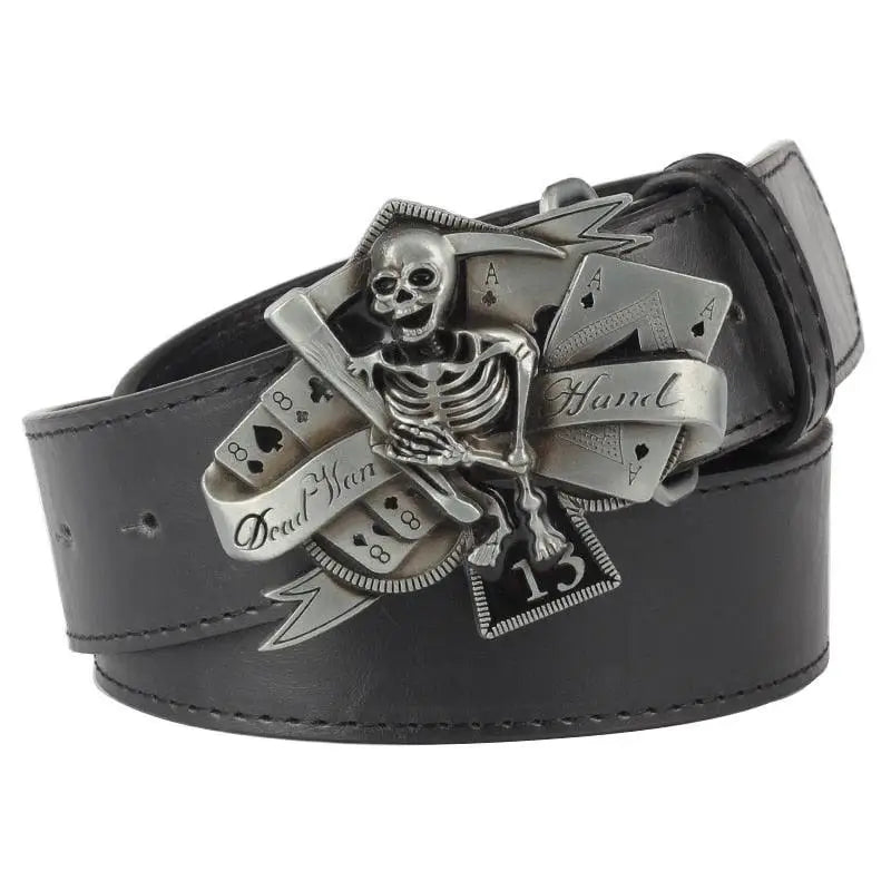 Black leather skeleton belt with skull and playing card buckle for a stylish accessory