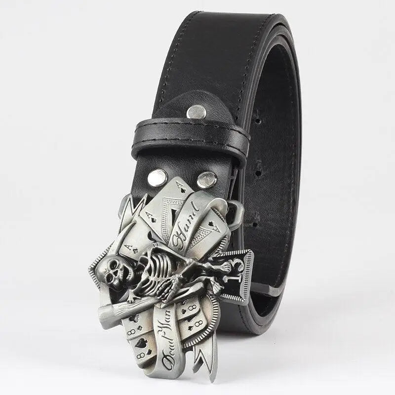 Black leather skeleton belt featuring a skull and playing card buckle for edgy fashion
