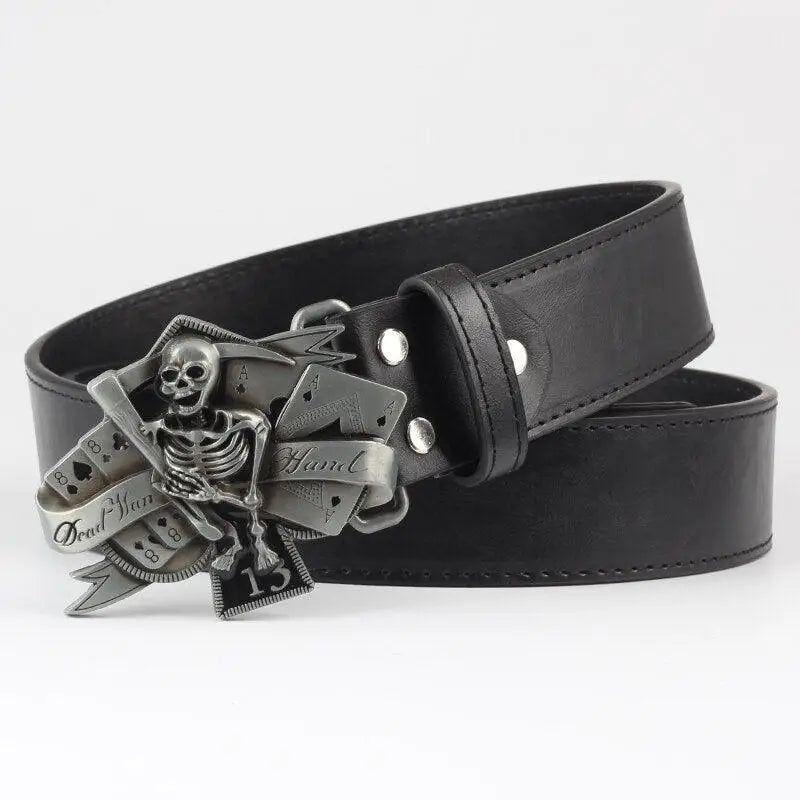 Black leather skeleton belt with skull and playing card buckle for gothic fashion style