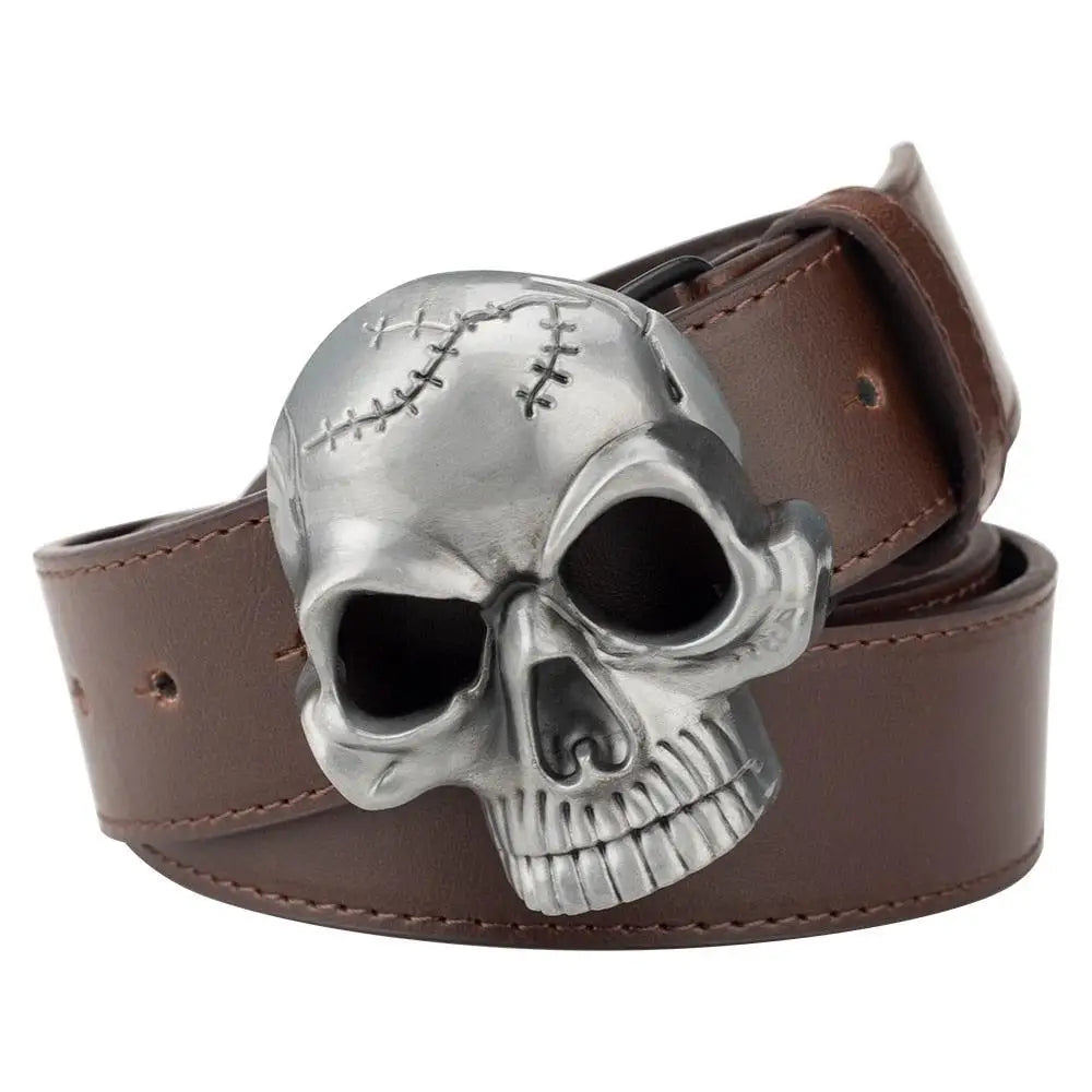 Brown leather belt with skull buckle highlighted in stylish belt offers